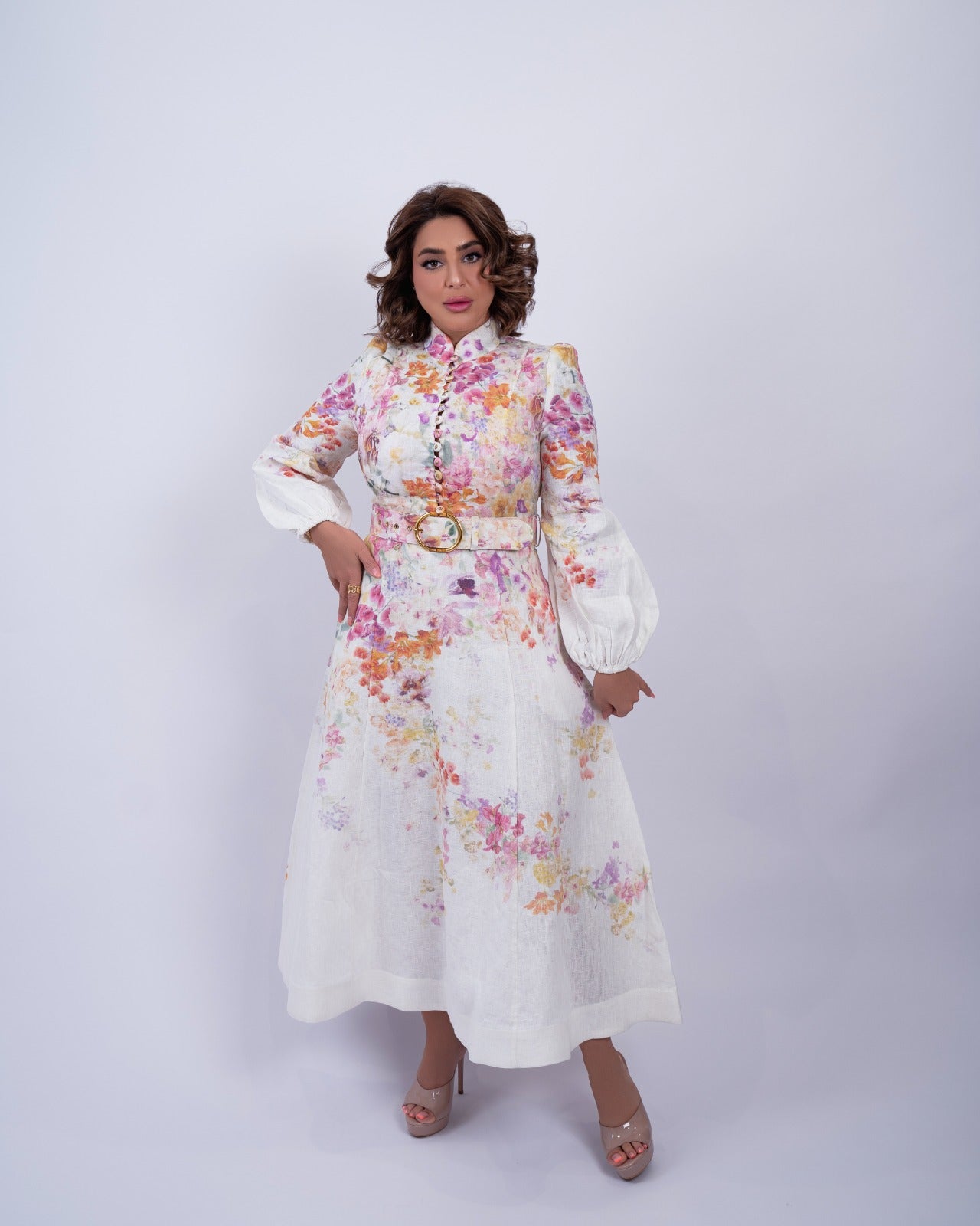 Linen Floral Print Midi Dress