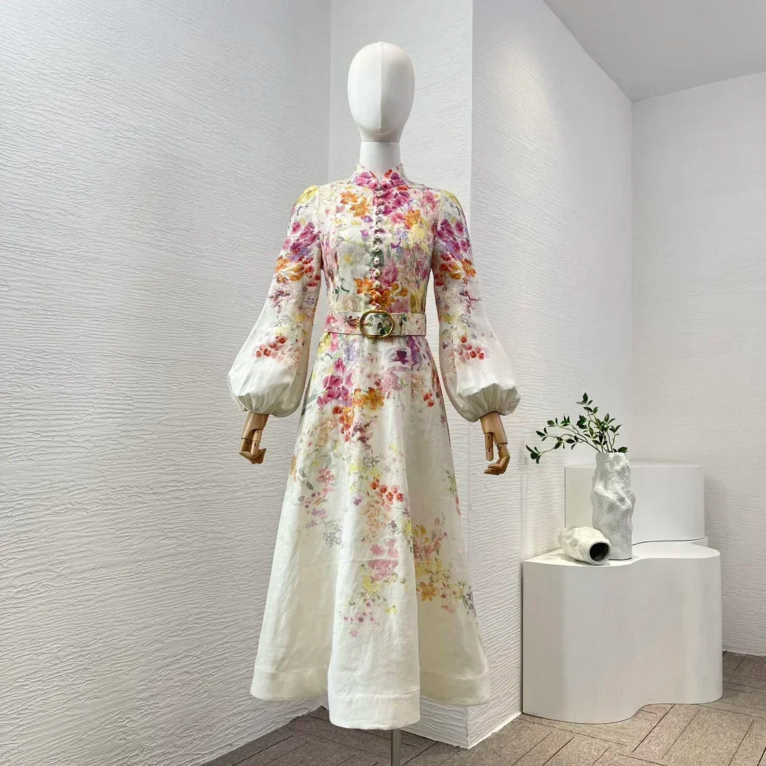 Linen Floral Print Midi Dress