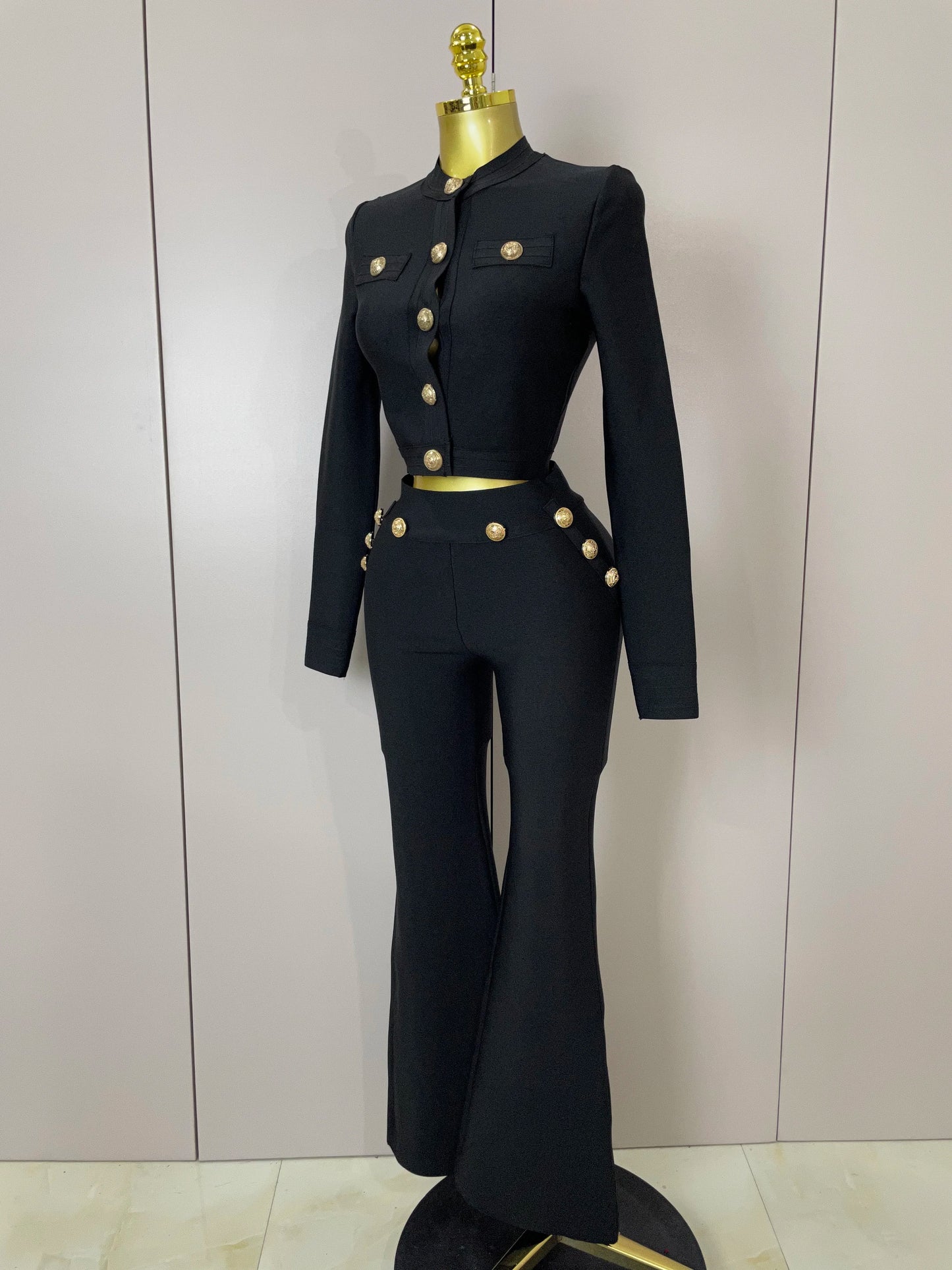 Golden Buttons Short Coat Top and Flare Pants Bandage 2 Pieces Set