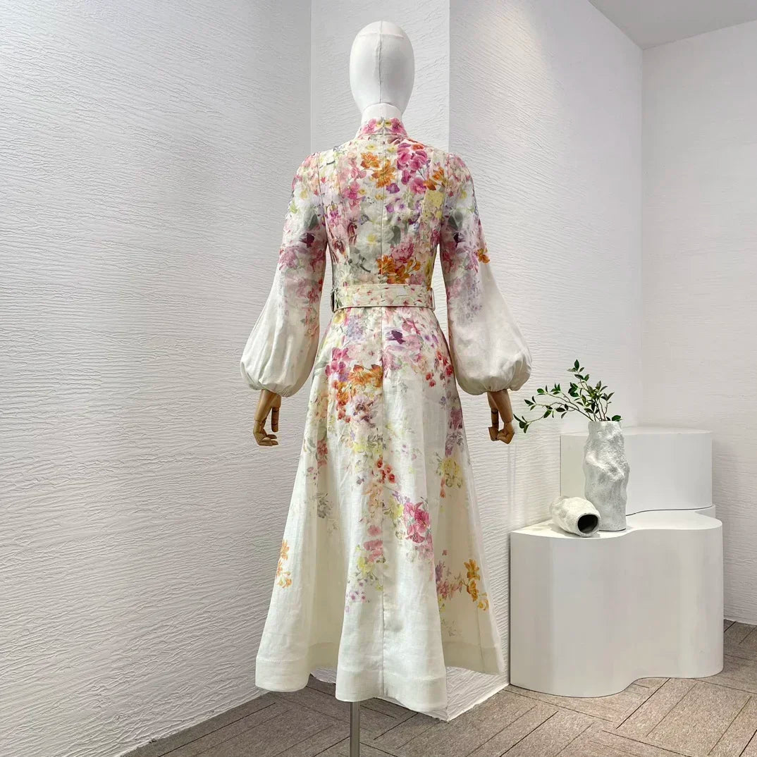 Linen Floral Print Midi Dress