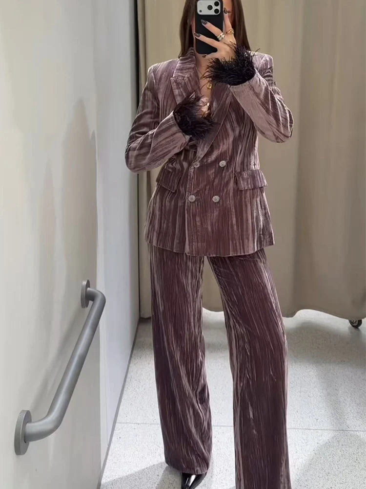 Women's Blazer Pants Set With Feather Cuffs Vintage Velvet