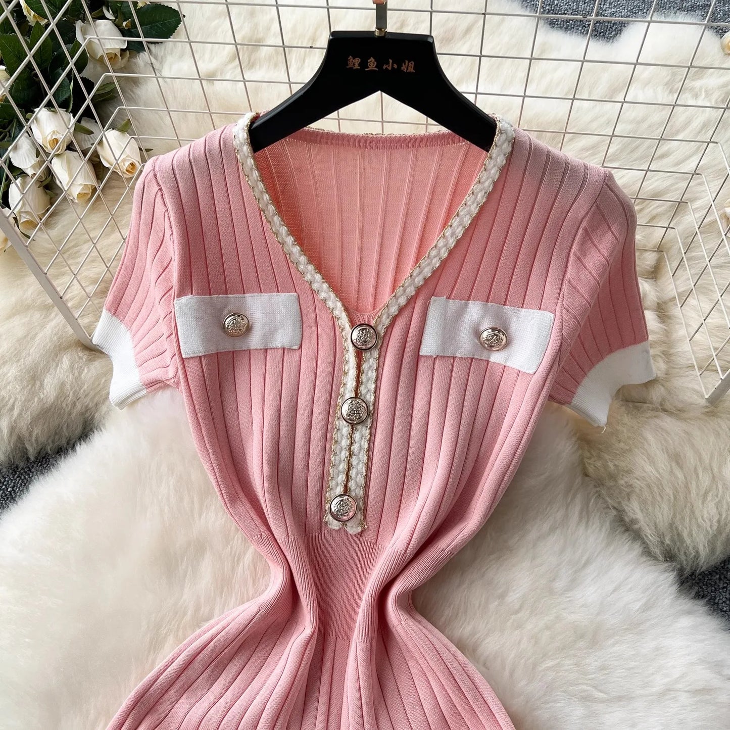 Elegant V-neck Ribbed Sweater Dress