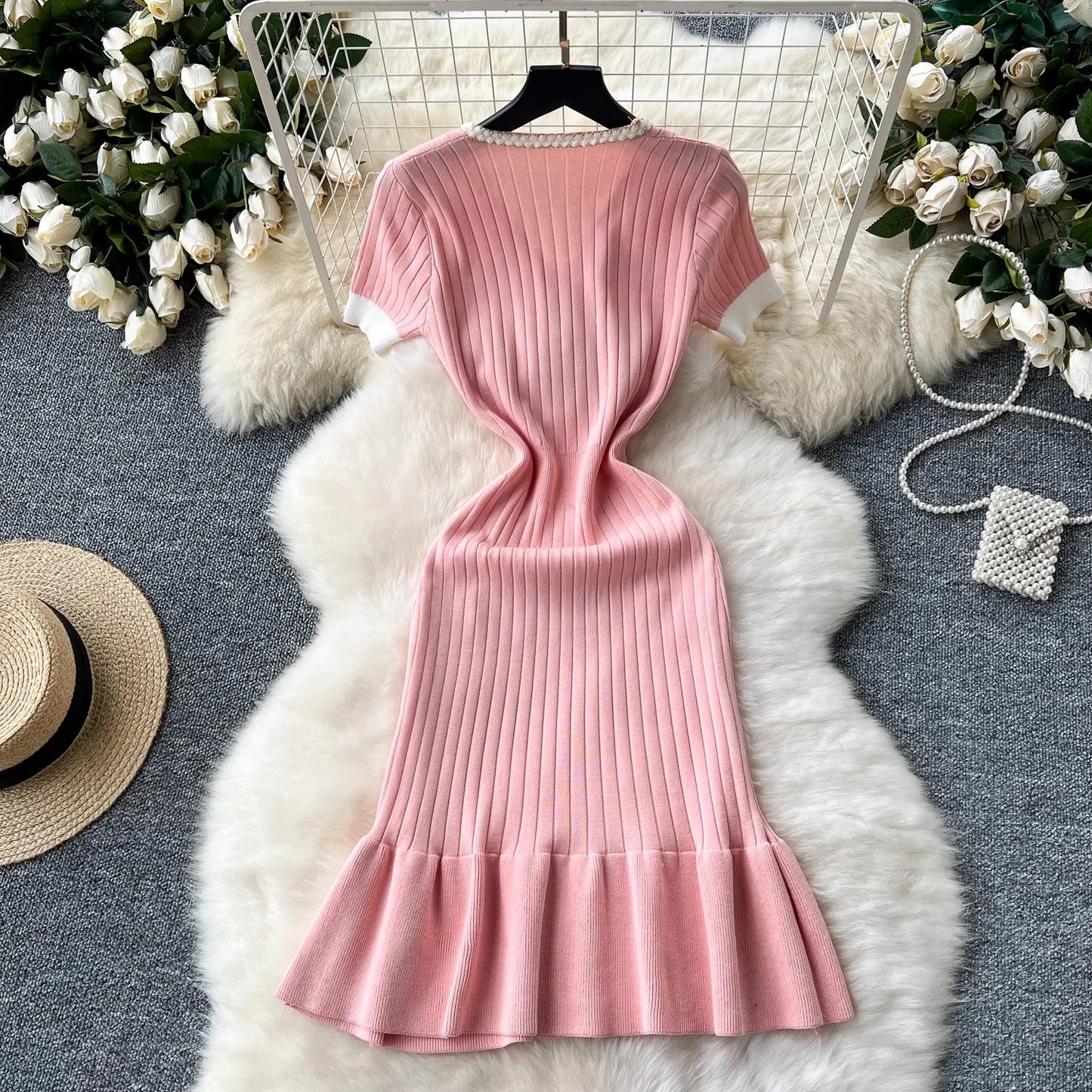 Elegant V-neck Ribbed Sweater Dress