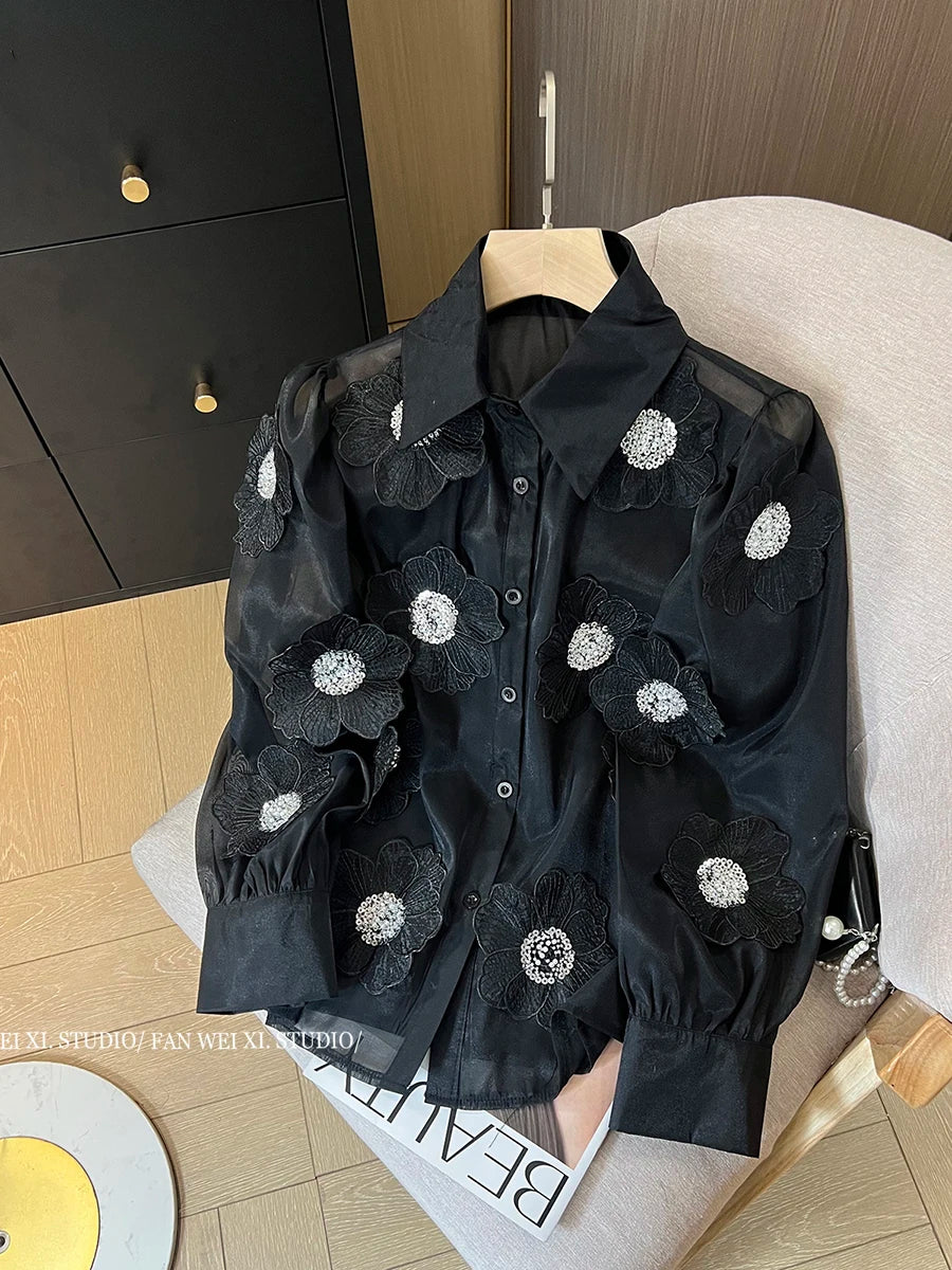 Long Sleeve Mesh Blouse