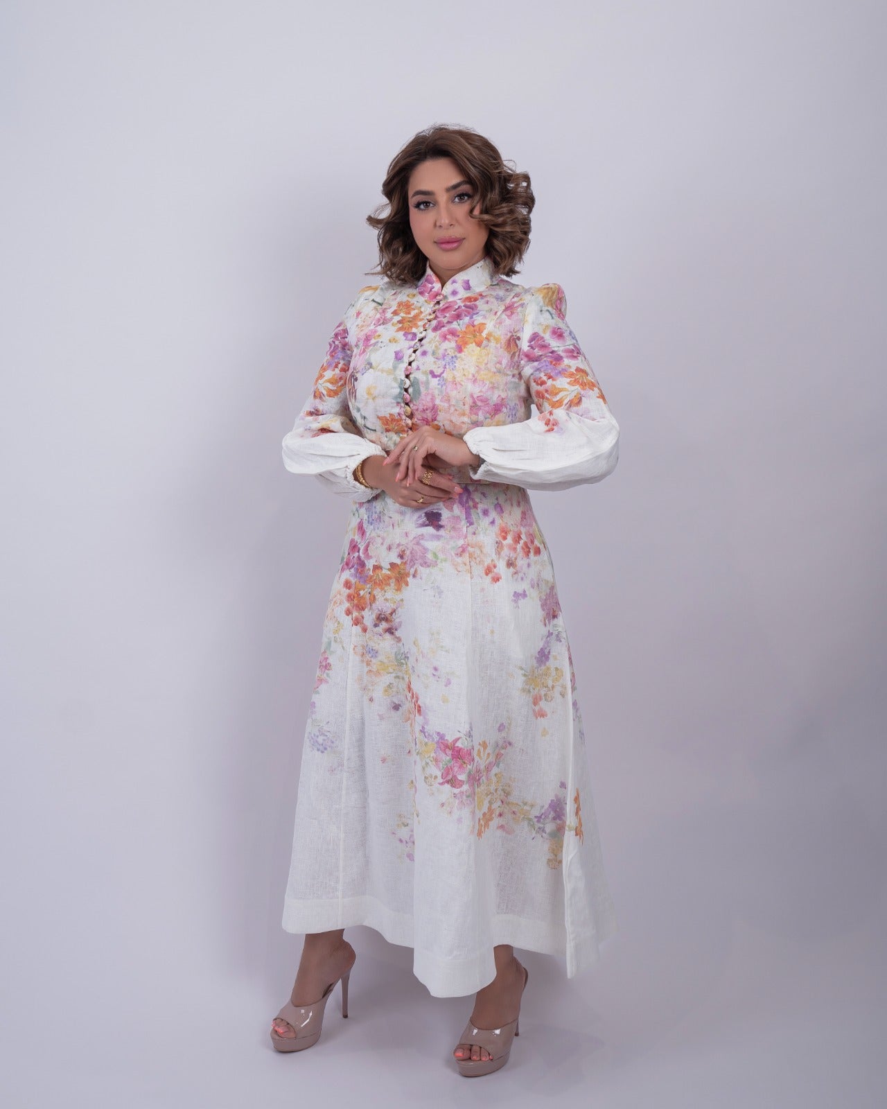 Linen Floral Print Midi Dress
