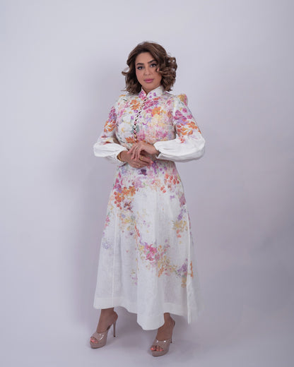 Linen Floral Print Midi Dress