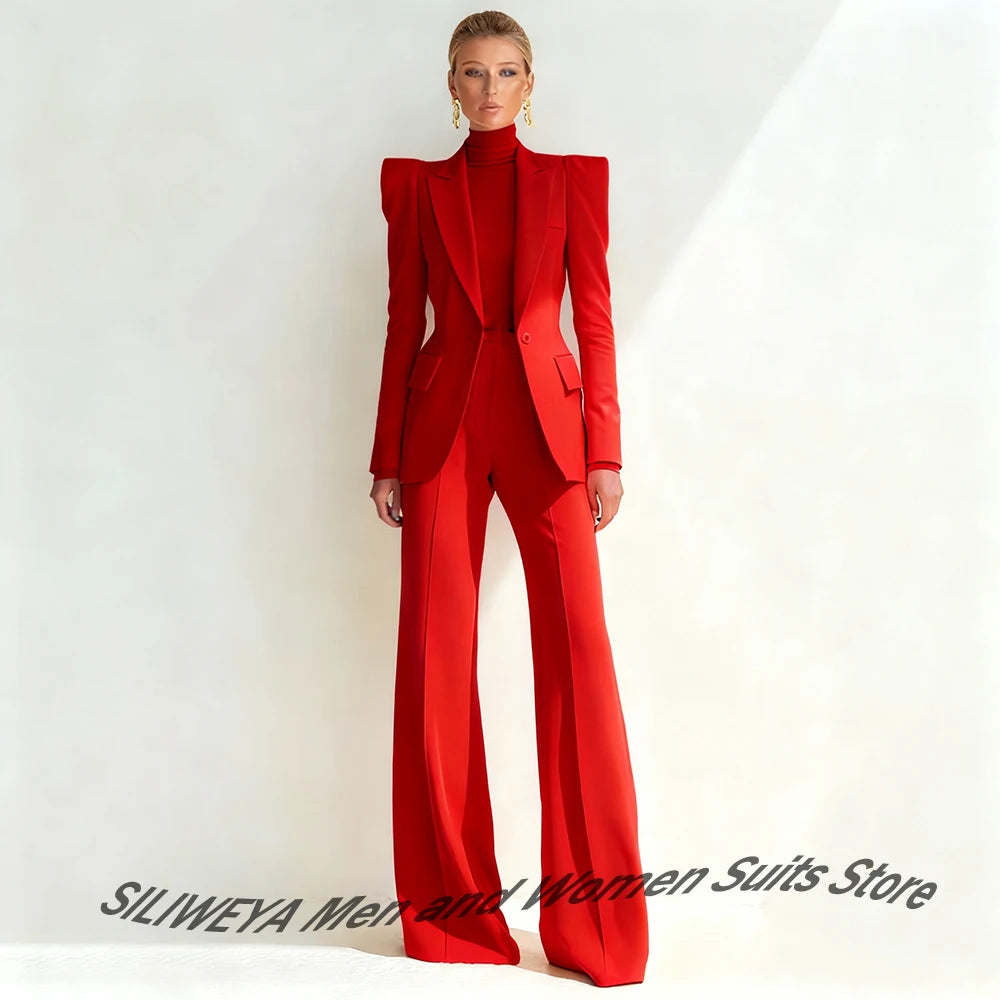 Professional Women's Red Suit Female Elegant Blazer and Flared Pants