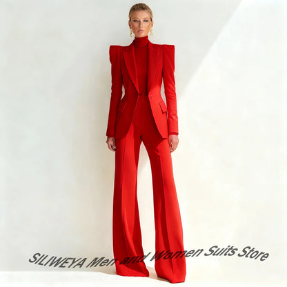 Professional Women's Red Suit Female Elegant Blazer and Flared Pants