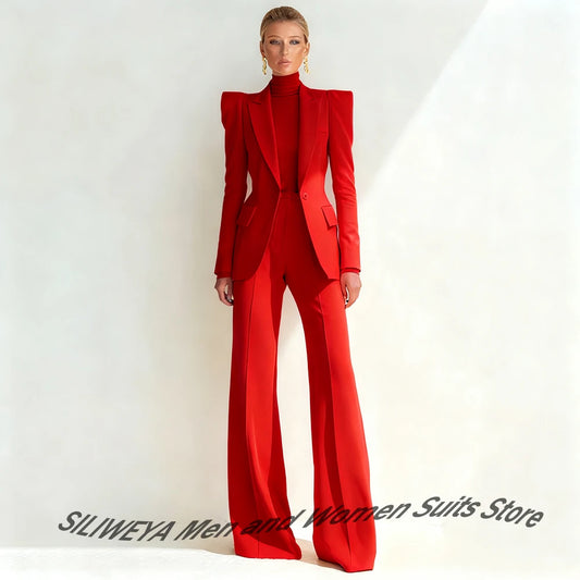 Professional Women's Red Suit Female Elegant Blazer and Flared Pants