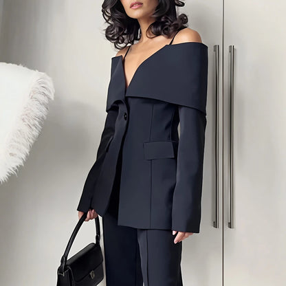Women Winter Off-Shoulder Design Long Sleeve Blazer