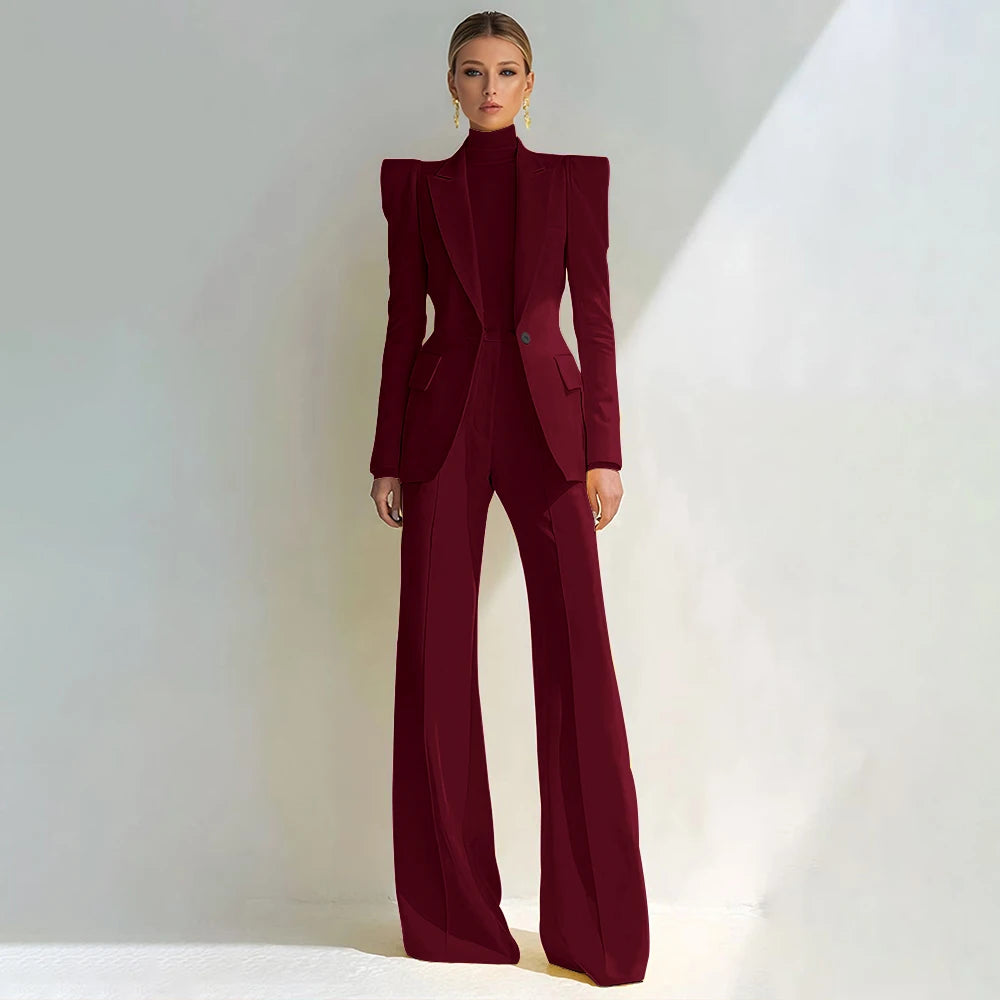 Professional Women's Red Suit Female Elegant Blazer and Flared Pants