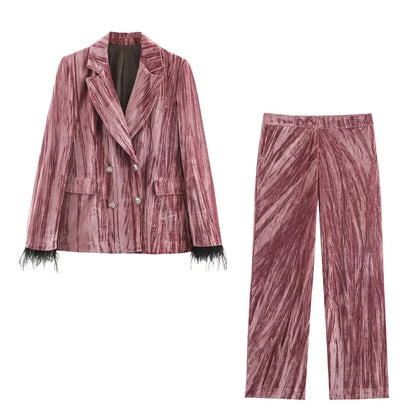 Women's Blazer Pants Set With Feather Cuffs Vintage Velvet