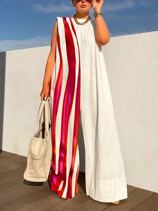 Striped Print Wide Leg Jumpsuit