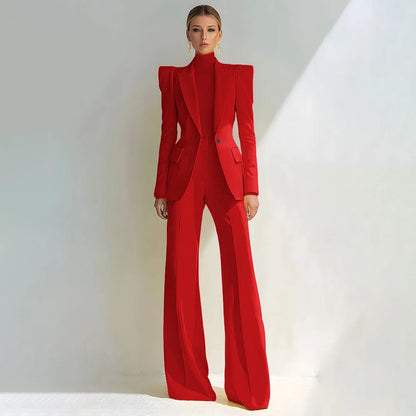 Professional Women's Red Suit Female Elegant Blazer and Flared Pants