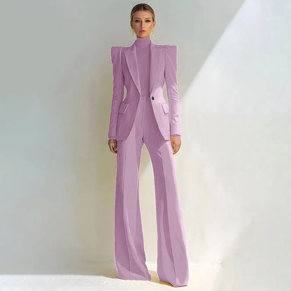 Professional Women's Red Suit Female Elegant Blazer and Flared Pants