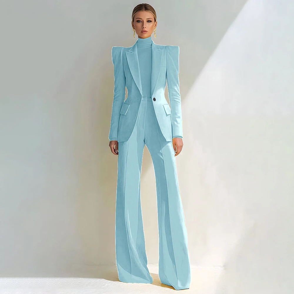 Professional Women's Red Suit Female Elegant Blazer and Flared Pants
