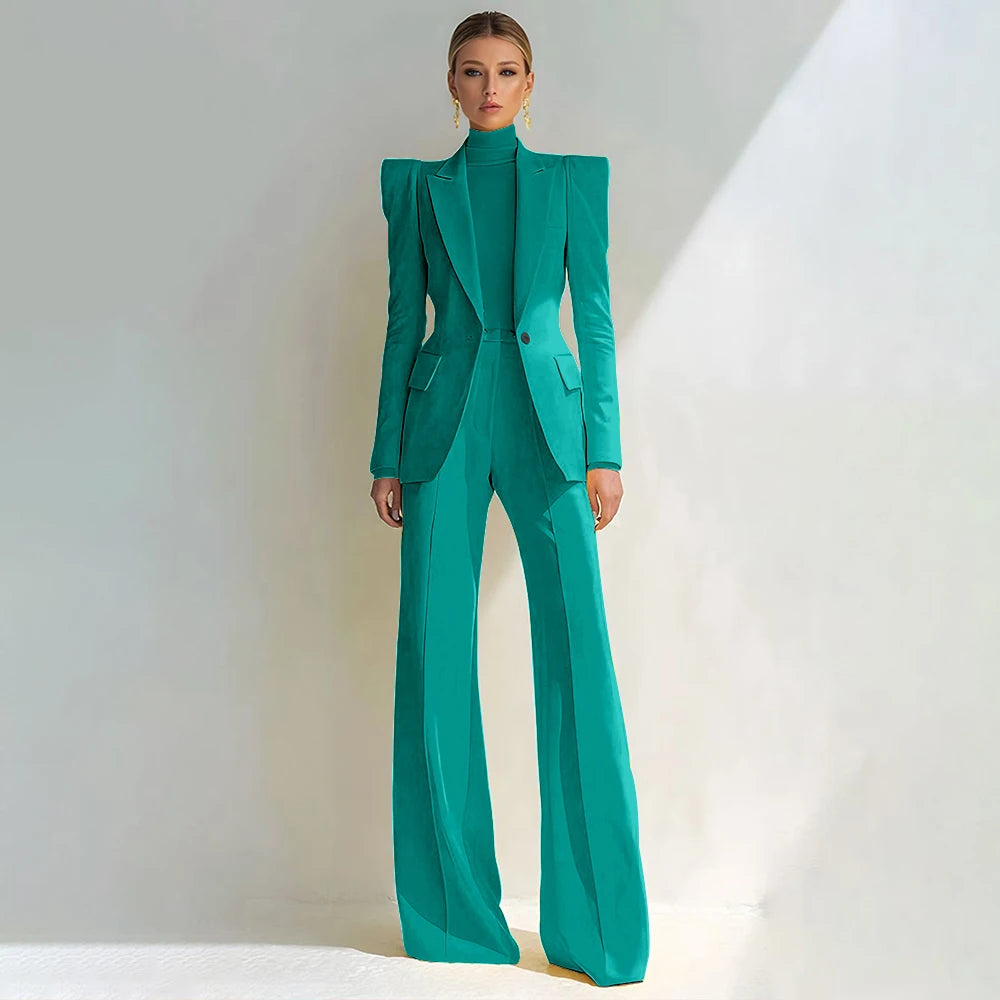 Professional Women's Red Suit Female Elegant Blazer and Flared Pants