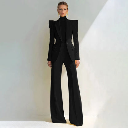 Professional Women's Red Suit Female Elegant Blazer and Flared Pants