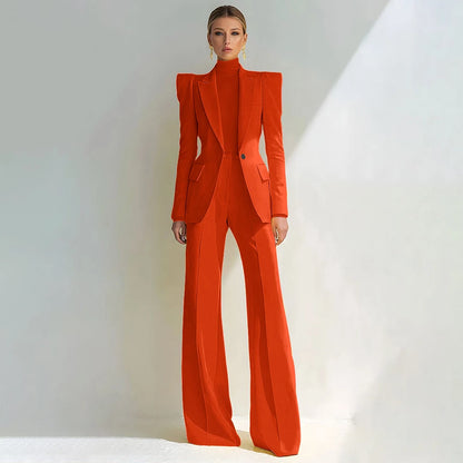 Professional Women's Red Suit Female Elegant Blazer and Flared Pants