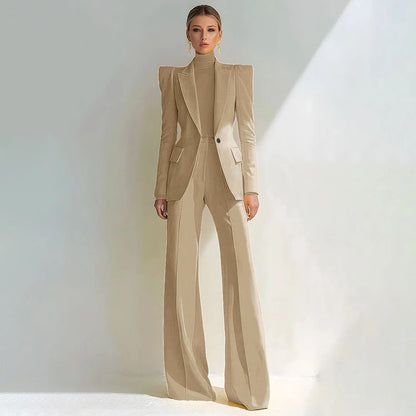 Professional Women's Red Suit Female Elegant Blazer and Flared Pants