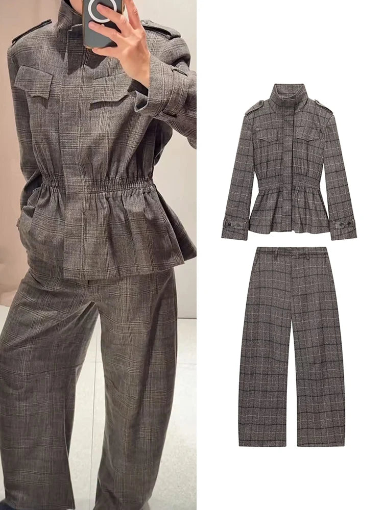 Woman Vintage Jackets Pants 2 Piece Set