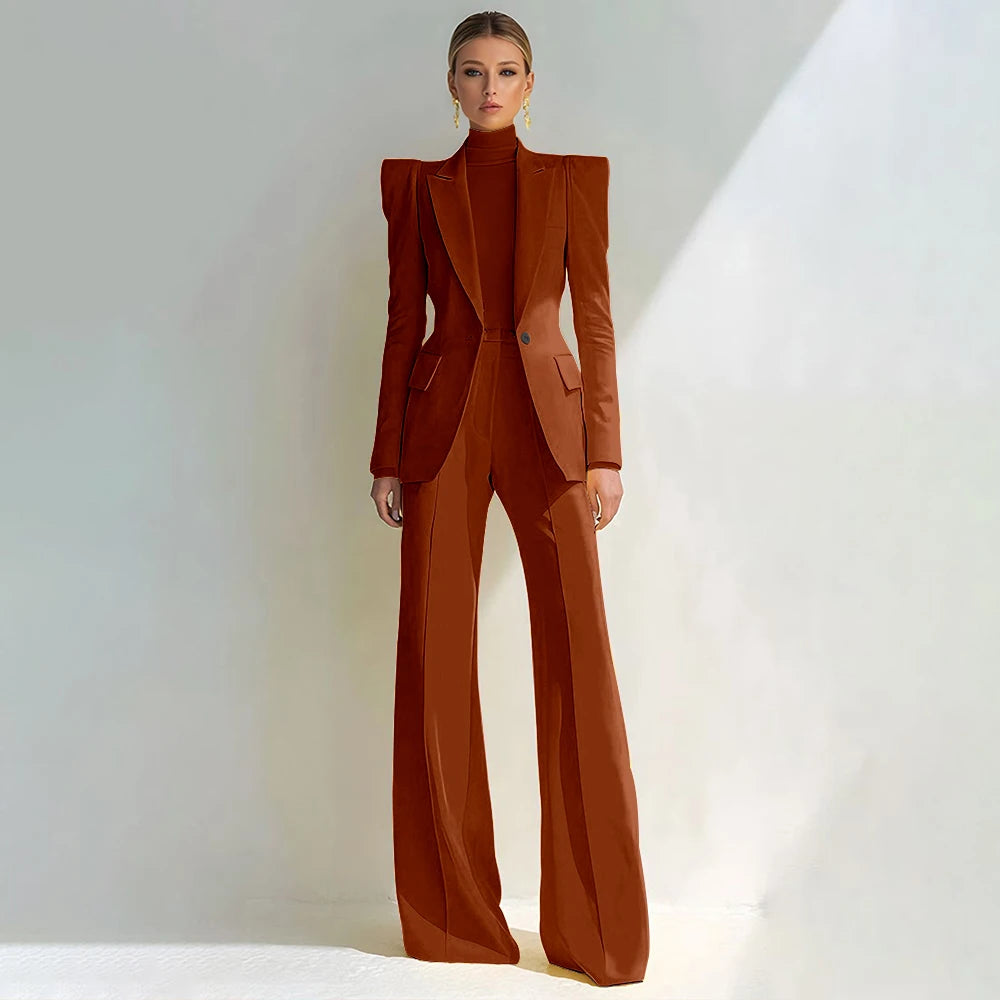 Professional Women's Red Suit Female Elegant Blazer and Flared Pants