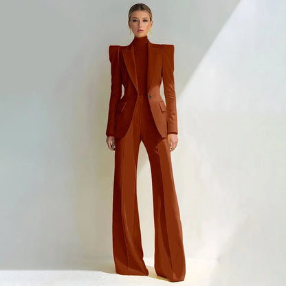 Professional Women's Red Suit Female Elegant Blazer and Flared Pants
