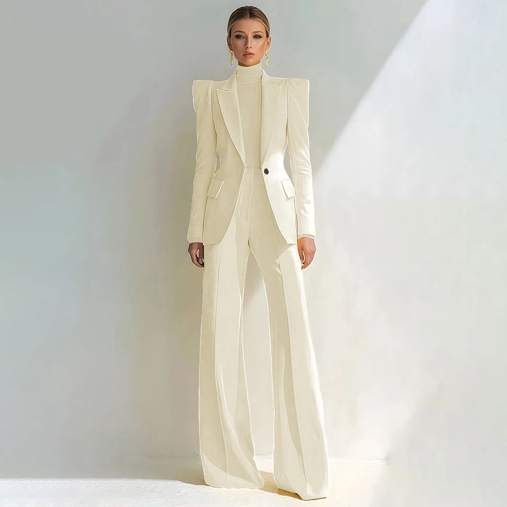 Professional Women's Red Suit Female Elegant Blazer and Flared Pants