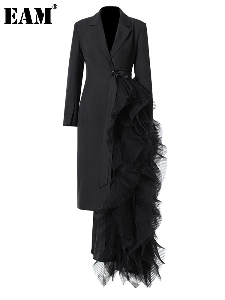 Women Black Irregular Mesh Long Elegant Blazer