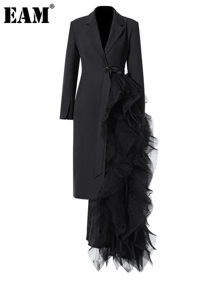 Women Black Irregular Mesh Long Elegant Blazer