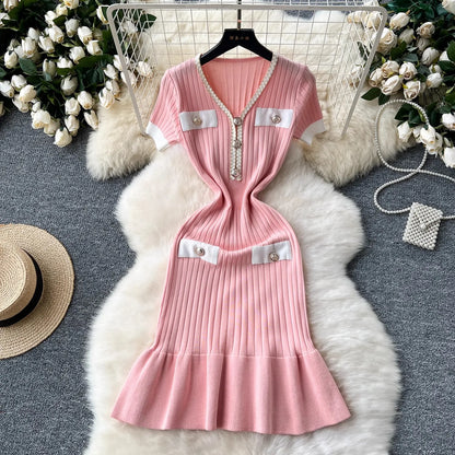 Elegant V-neck Ribbed Sweater Dress