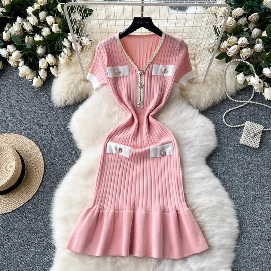 Elegant V-neck Ribbed Sweater Dress