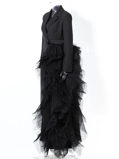 Women Black Irregular Mesh Long Elegant Blazer