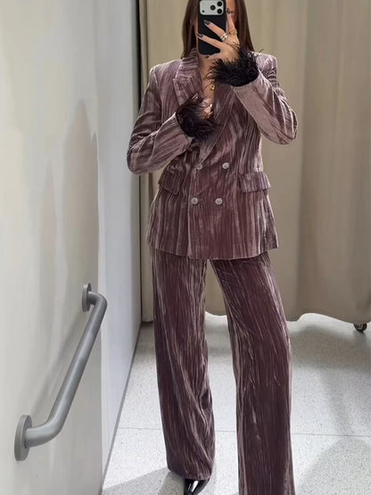 Women's Blazer Pants Set With Feather Cuffs Vintage Velvet