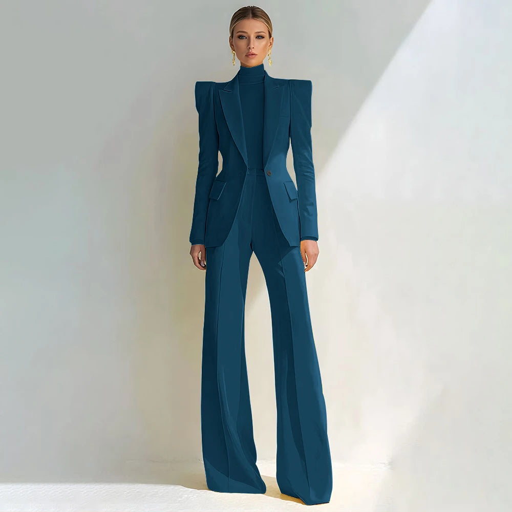 Professional Women's Red Suit Female Elegant Blazer and Flared Pants