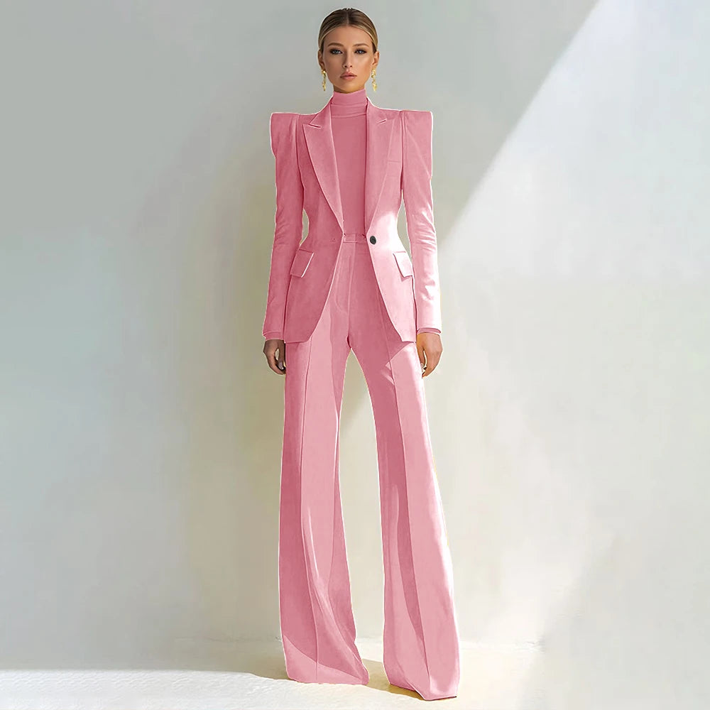 Professional Women's Red Suit Female Elegant Blazer and Flared Pants