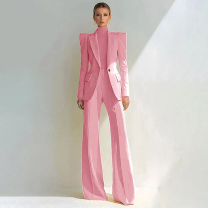 Professional Women's Red Suit Female Elegant Blazer and Flared Pants
