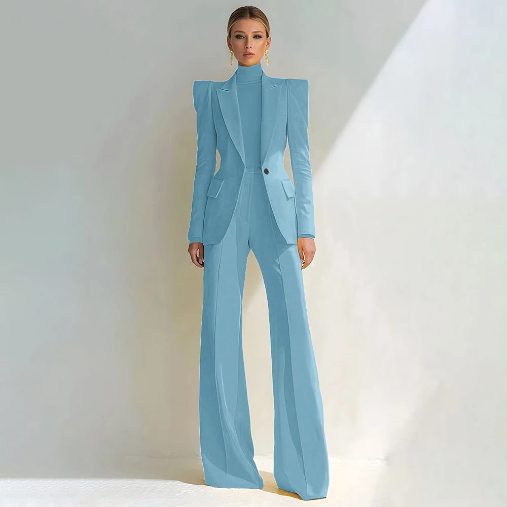 Professional Women's Red Suit Female Elegant Blazer and Flared Pants