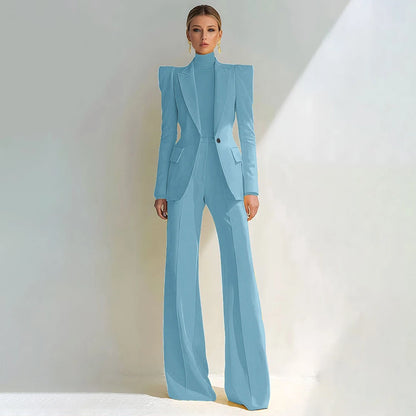 Professional Women's Red Suit Female Elegant Blazer and Flared Pants