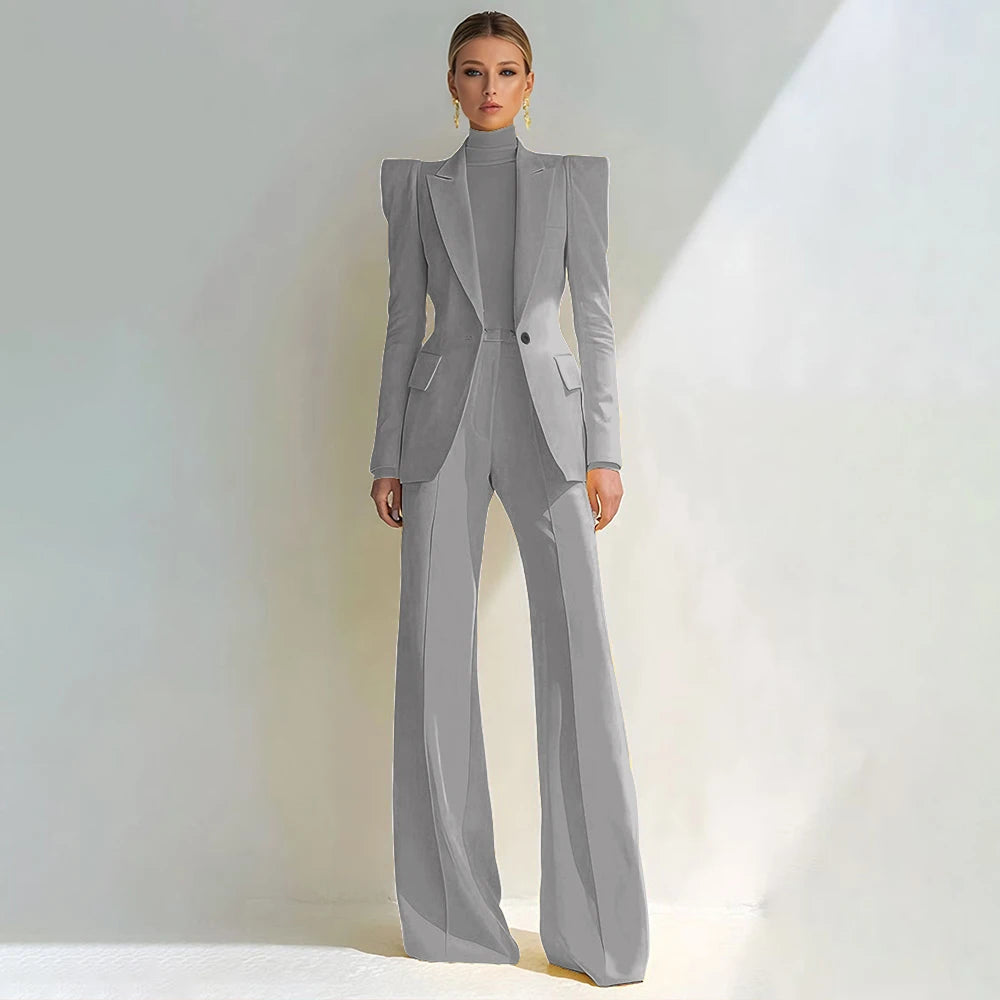 Professional Women's Red Suit Female Elegant Blazer and Flared Pants