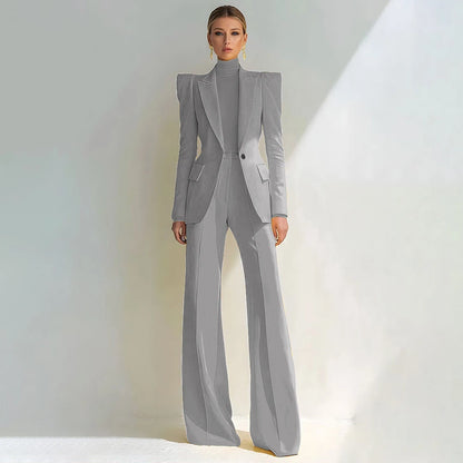 Professional Women's Red Suit Female Elegant Blazer and Flared Pants