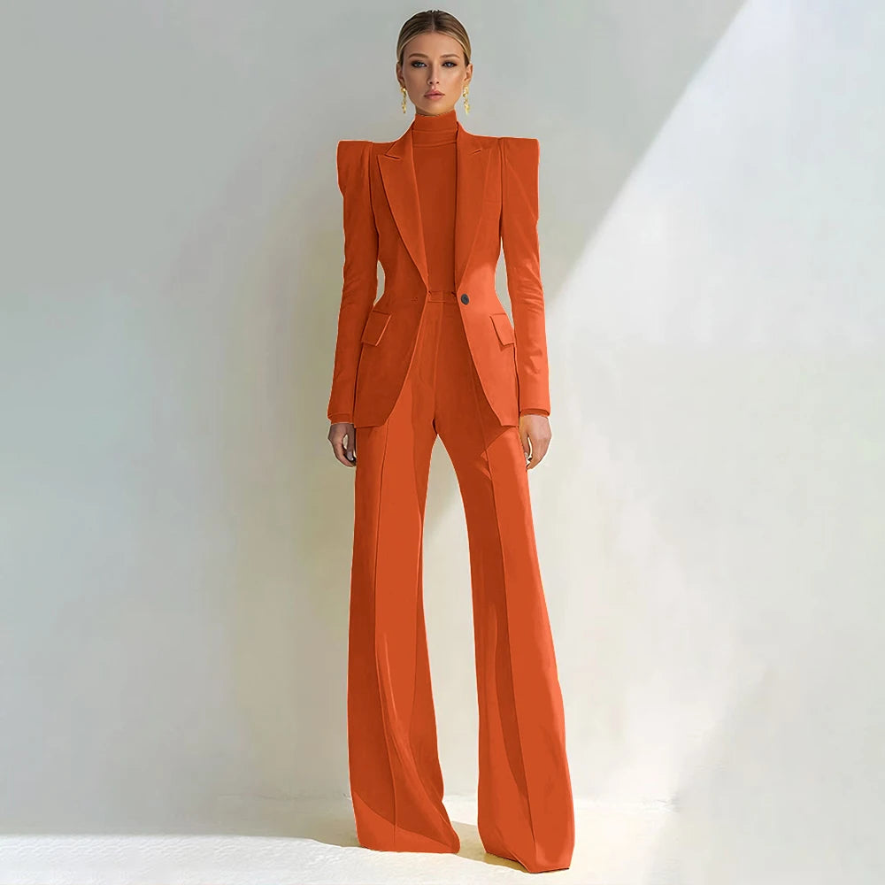 Professional Women's Red Suit Female Elegant Blazer and Flared Pants