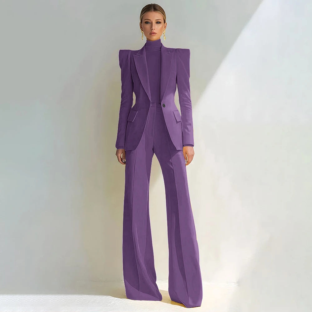 Professional Women's Red Suit Female Elegant Blazer and Flared Pants