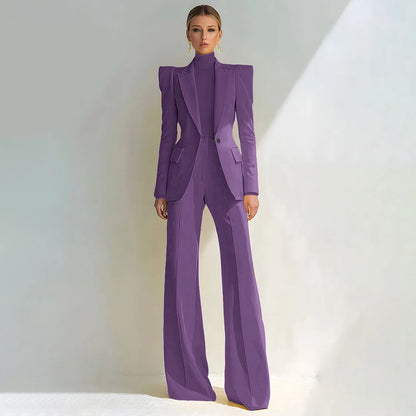 Professional Women's Red Suit Female Elegant Blazer and Flared Pants
