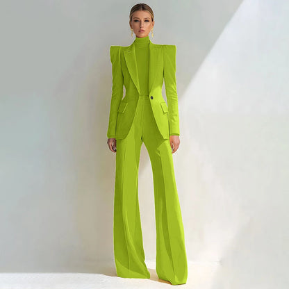 Professional Women's Red Suit Female Elegant Blazer and Flared Pants