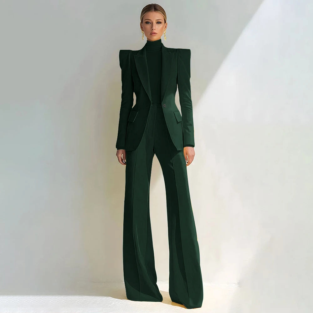 Professional Women's Red Suit Female Elegant Blazer and Flared Pants