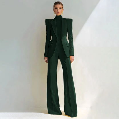 Professional Women's Red Suit Female Elegant Blazer and Flared Pants