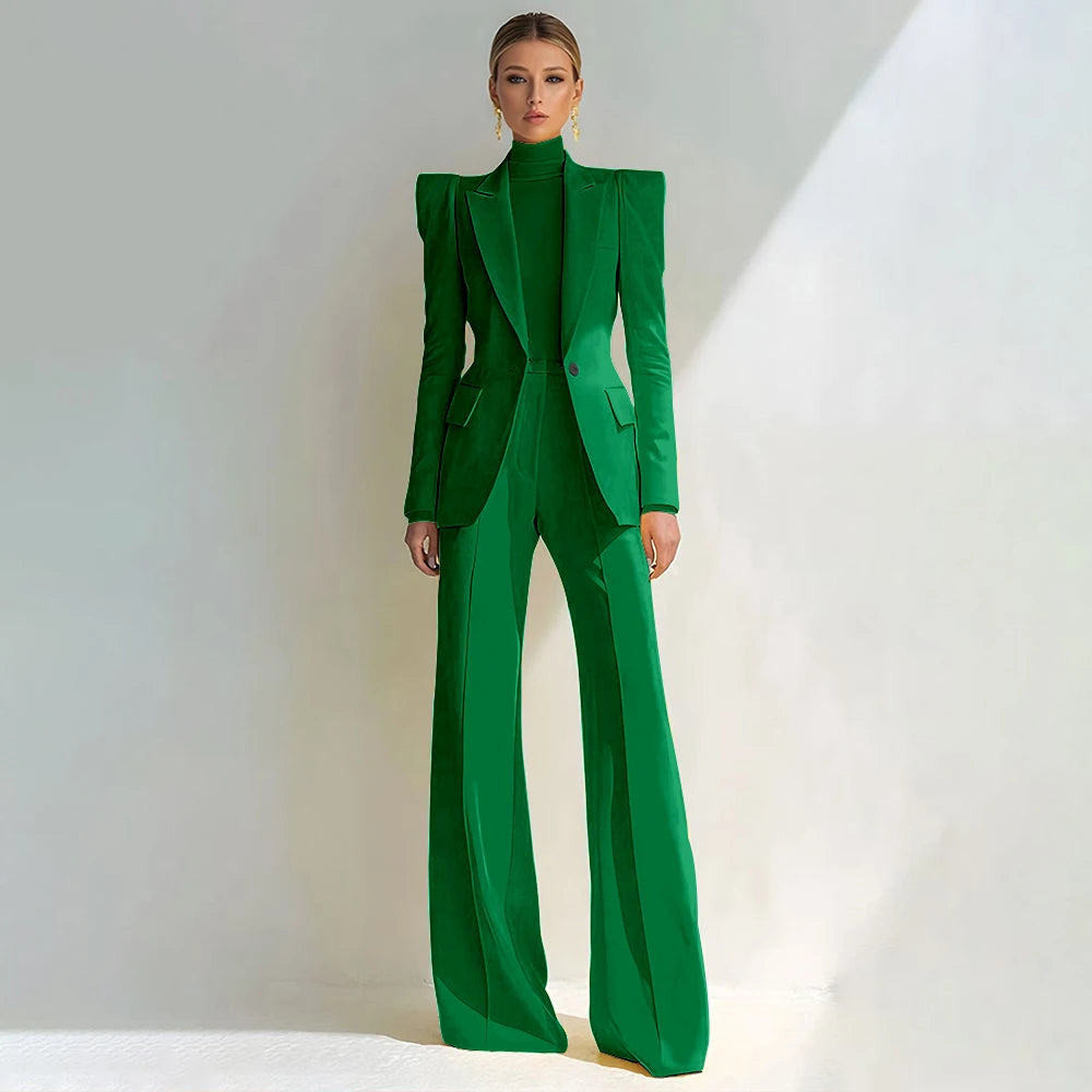 Professional Women's Red Suit Female Elegant Blazer and Flared Pants