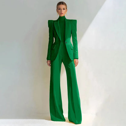 Professional Women's Red Suit Female Elegant Blazer and Flared Pants
