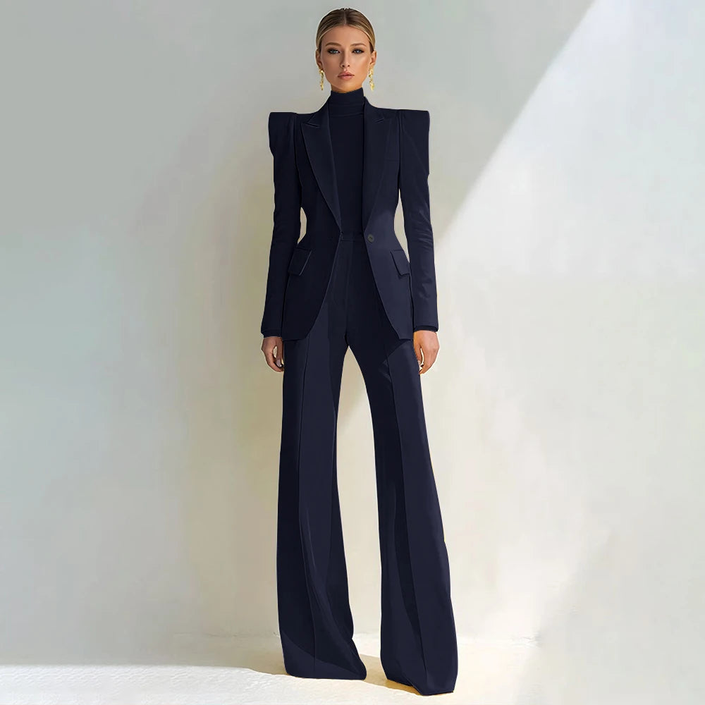 Professional Women's Red Suit Female Elegant Blazer and Flared Pants